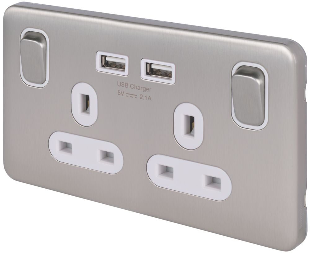 Image of Schneider Electric Lisse Deco 13A 2-Gang SP Switched Socket + 2.1A 2-Outlet Type A USB Charger Brushed Stainless Steel with White Inserts 