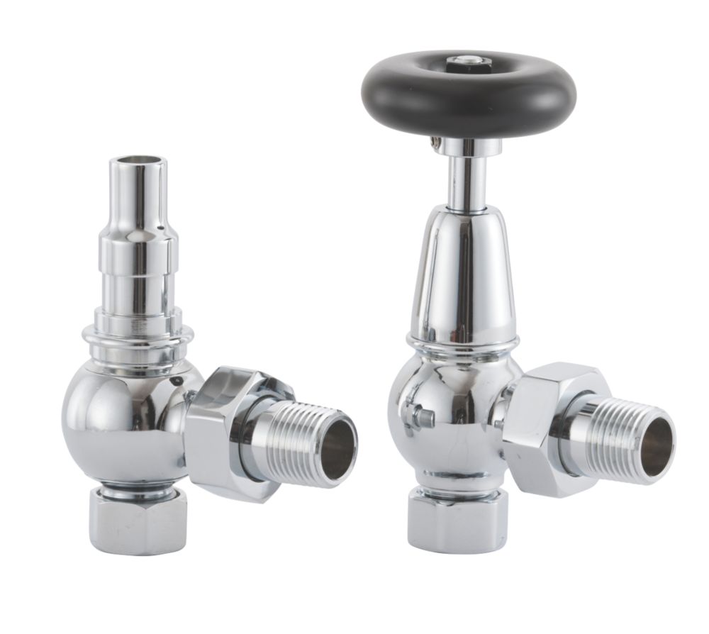 Image of Arroll UK-20 Chrome Angled Manual Radiator Valve & Lockshield 15mm x 1/2" 