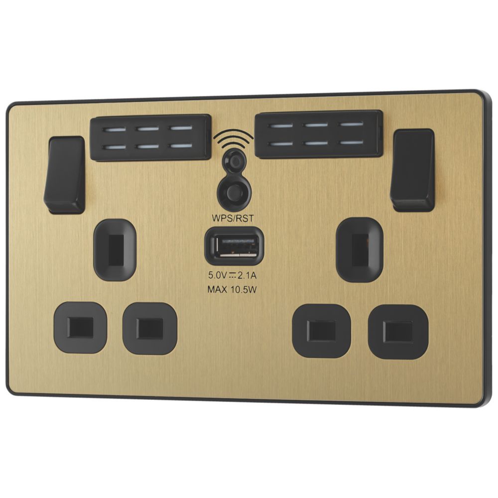 Image of British General Evolve 13A 2-Gang SP Switched Double Socket With WiFi Extender + 2.1A 1-Outlet Type A USB Charger Satin Brass with Black Inserts 