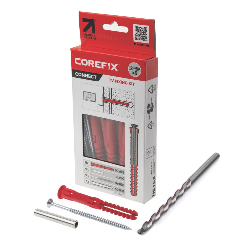 Image of Corefix Metal & Plastic 100 Heavy Duty TV Wall Fixing Kit 10mm x 95mm 6 Pack 