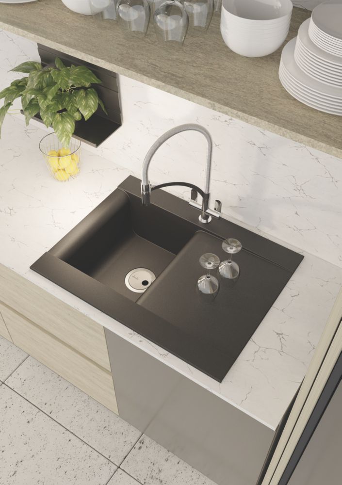 Image of Abode Aspekt 1 Bowl Granite Composite Kitchen Sink Black Metallic Reversible 716mm x 500mm 