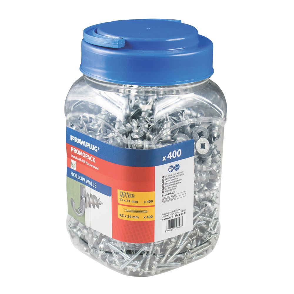 Image of Rawlplug Self-Drilling Plasterboard Fixings Steel 31mm 400 Pack 