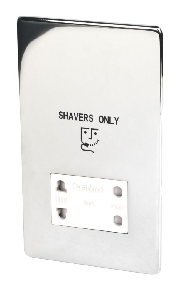 Image of Crabtree Platinum 2-Gang Dual Voltage Shaver Socket 115 / 230V Polished Chrome with White Inserts 