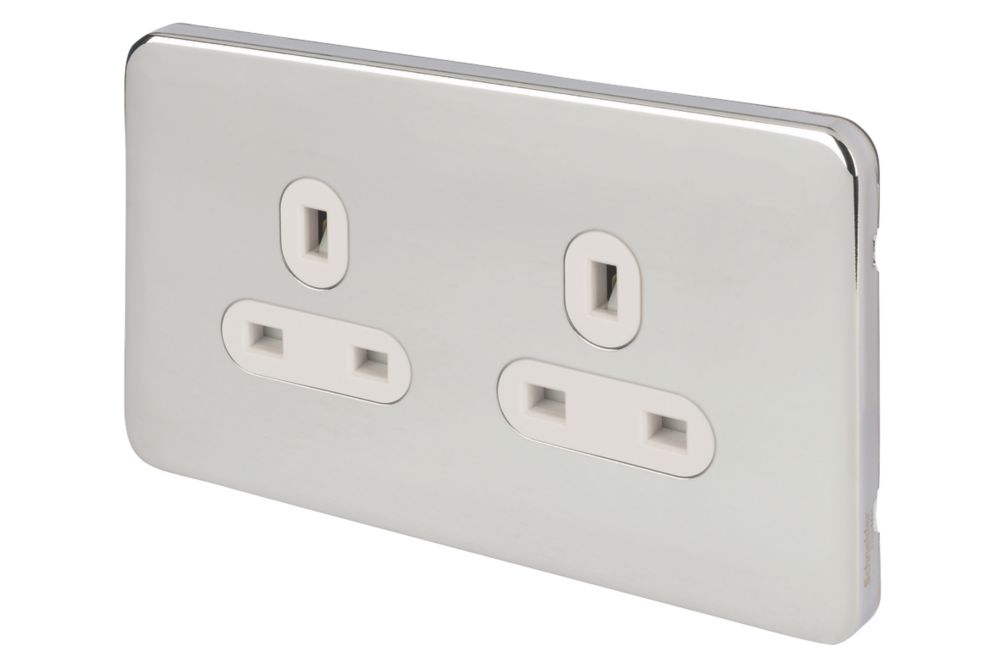 Image of Schneider Electric Lisse Deco 13A 2-Gang Unswitched Plug Socket Polished Chrome with White Inserts 