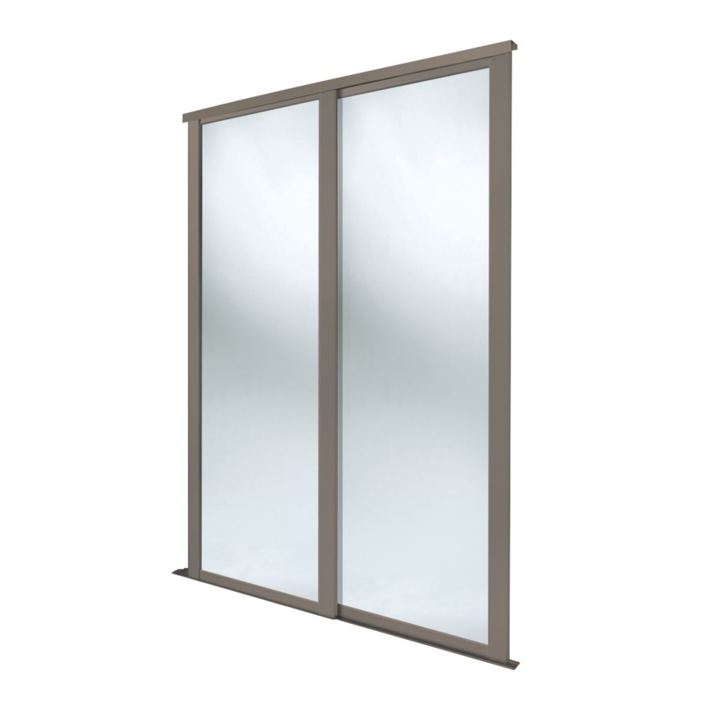 Image of Spacepro Shaker 2-Door Sliding Wardrobe Door Kit Stone Grey Frame Mirror Panel 1145mm x 2260mm 