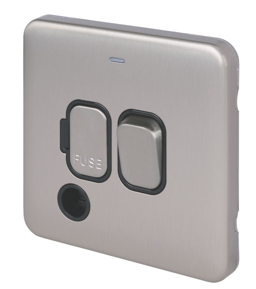 Image of Schneider Electric Lisse Deco 13A Switched Fused Spur & Flex Outlet Brushed Stainless Steel with Black Inserts 