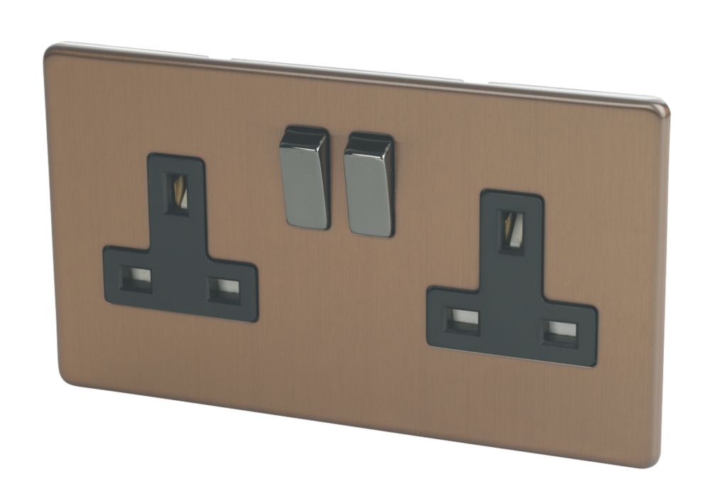 Image of Varilight 13AX 2-Gang DP Switched Plug Socket Brushed Bronze with Black Inserts 