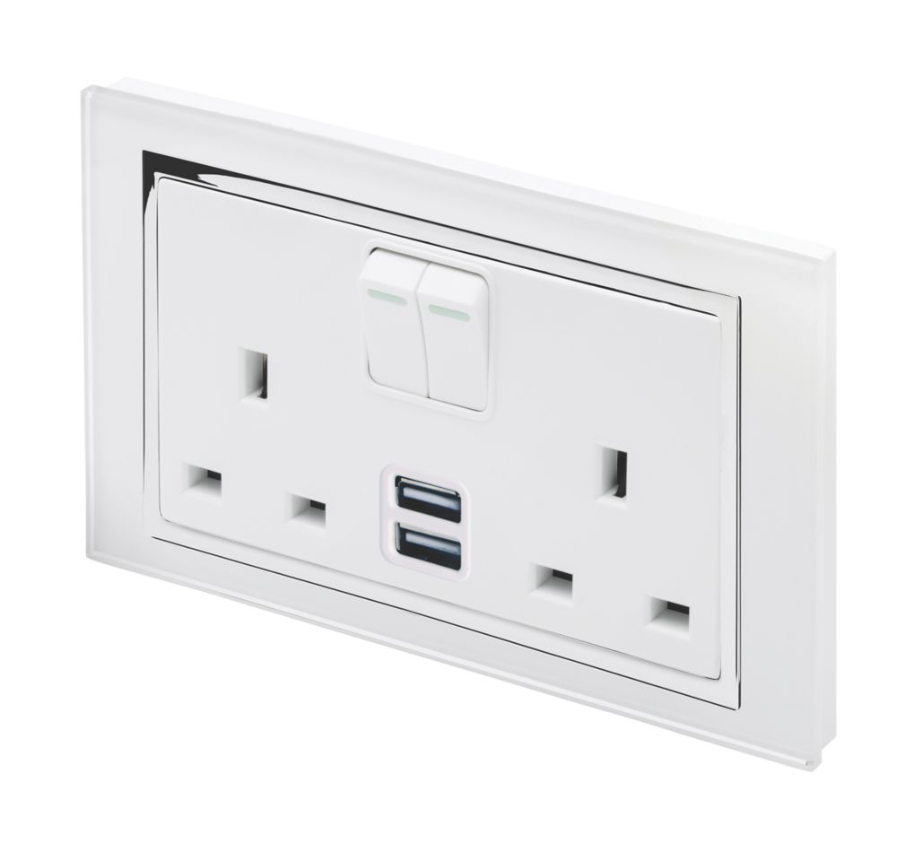 Image of Retrotouch 13A 2-Gang DP Switched Socket + 2.1A 2-Outlet Type A USB Charger White Glass 