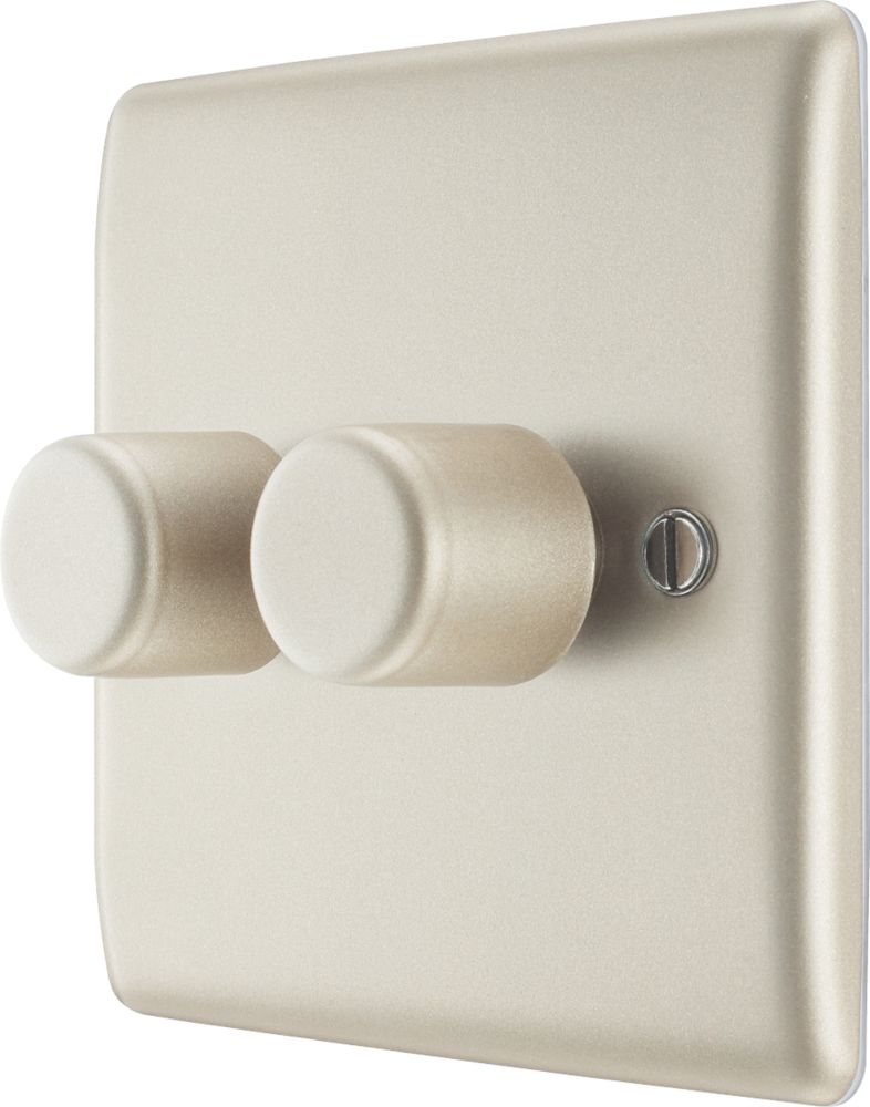 Image of British General Nexus Metal 2-Gang 2-Way LED Trailing Edge Double Push Dimmer Switch with Rotary Control Pearl Nickel with Colour-Matched Inserts 