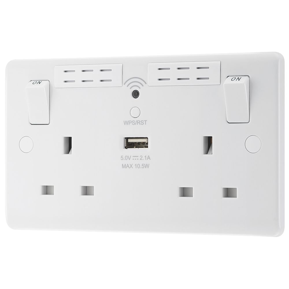 Image of LAP 13A 2-Gang SP Switched Wi-Fi Extender + 2.1A 1-Outlet Type A USB Charger White 