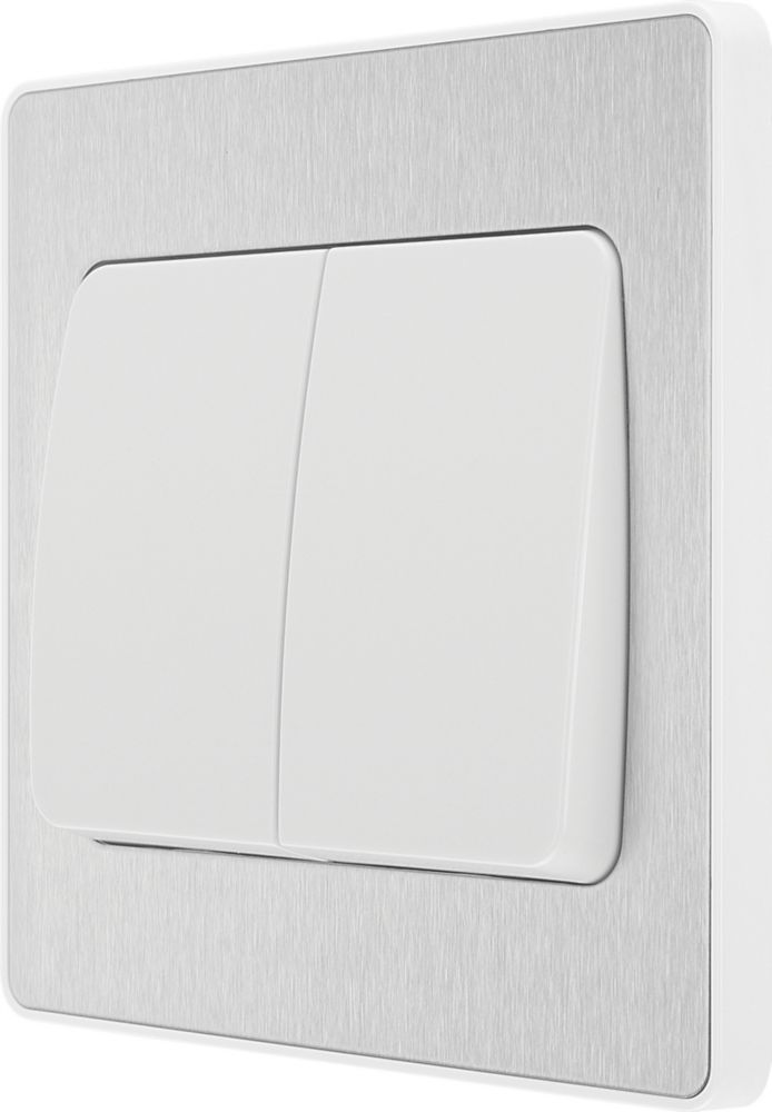 Image of British General Evolve 20 A 16AX 2-Gang 2-Way Wide Rocker Light Switch Brushed Steel with White Inserts 