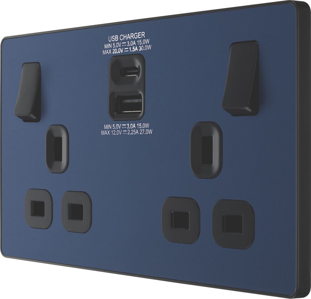 Image of British General Evolve 13A 2-Gang SP Switched Socket + 3A 2-Outlet Type A & C USB Charger Blue with Black Inserts 