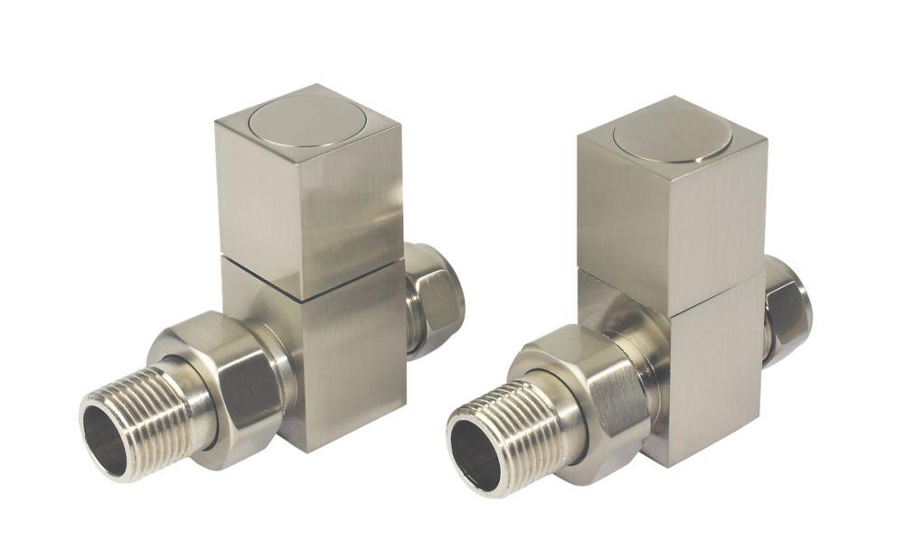 Image of Towelrads Brushed Nickel Straight Manual Radiator Valve 15mm x 1/2" 2 Pack 