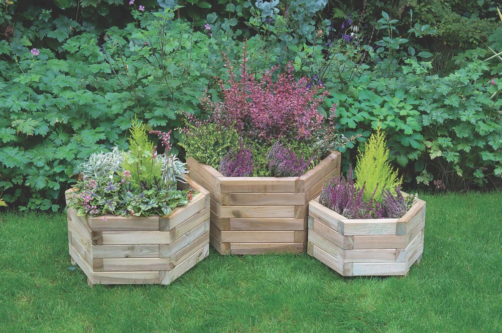 Image of Forest York Hexagonal Planter Set Natural Wood 520mm x 600mm x 330mm 3 Pieces 