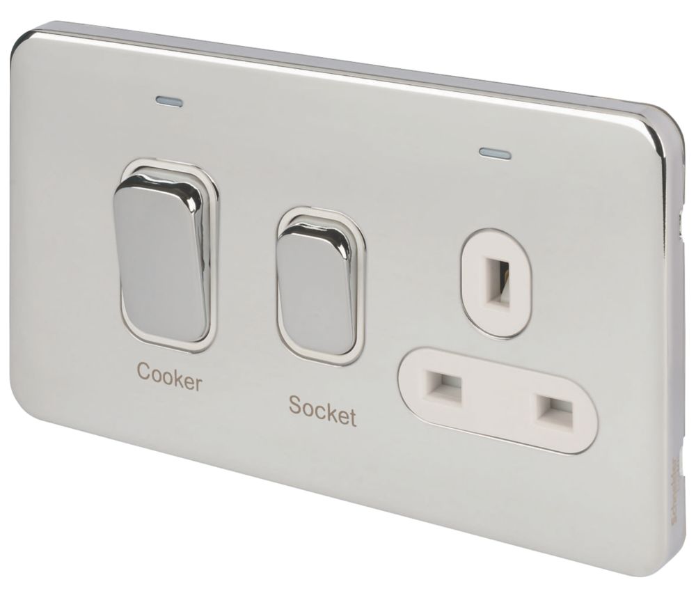 Image of Schneider Electric Lisse Deco 45A 2-Gang DP Cooker Switch & 13A DP Switched Socket Polished Chrome with LED with White Inserts 