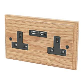 Image of Varilight 13AX 2-Gang Unswitched Socket + 2.1A 2-Outlet Type A USB Charger Classic Oak with Black Inserts 