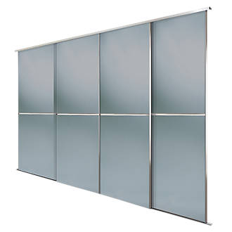 Image of Spacepro Minimalist 4-Door Sliding Wardrobe Door Kit Silver Frame Grey Tinted Mirror Panel 2416mm x 2260mm 