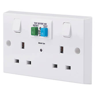 Image of Schneider Electric Exclusive Square Edge 30mA 2-Gang 2P+E Switched Passive RCD Socket White 