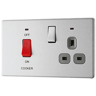 Image of LAP 45A 2-Gang DP Cooker Switch & 13A DP Switched Socket Brushed Stainless Steel with LED with Graphite Inserts 