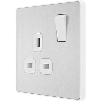 Image of British General Evolve 13A 1-Gang SP Switched Socket Brushed Steel with White Inserts 