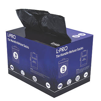 Image of L-PRO Black Tie Handle Refuse Sacks/Bin Liners in Dispenser Box 100Ltr 75 Pack 