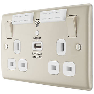 Image of British General Nexus Metal 13A 2-Gang SP Switched Double Socket With WiFi Extender + 2.1A 1-Outlet Type A USB Charger Pearl Nickel with White Inserts 