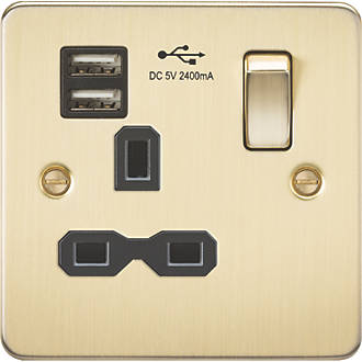 Image of Knightsbridge 13A 1-Gang SP Switched Socket + 2.4A 2-Outlet Type A USB Charger Brushed Brass with Black Inserts 