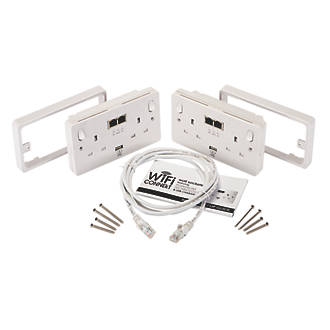 Image of WiFi Connekt Single-Band 13A 2-Gang SP Switched 13A 2-Gang Switched Socket with Ethernet + 2.0A USB Starter Kit + 2.1A 1-Outlet USB Charger White 