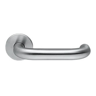 Image of Briton 4700 Series Fire Rated Lever on Rose Round Bar Return to Door Handle Pair Satin Stainless Steel 