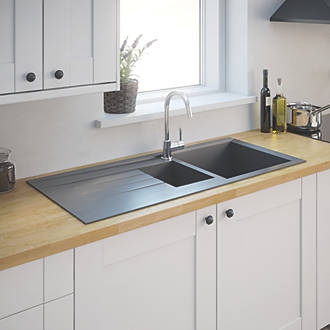 Image of 1.5 Bowl Plastic & Resin Kitchen Sink & Drainer Grey Reversible 1000mm x 500mm 
