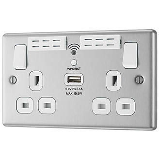 Image of LAP 13A 2-Gang SP Switched Wi-Fi Extender + 2.1A 1-Outlet Type A USB Charger Brushed Steel with White Inserts 