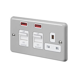 Image of MK Contoura 45A 2-Gang DP Cooker Switch & 13A DP Switched Socket Grey with Neon with White Inserts 