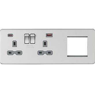 Image of Knightsbridge 13A 2-Gang DP Combination Plate + 4.0A 2-Outlet Type A & C USB Charger Brushed Chrome with Colour-Matched Inserts 