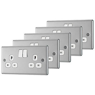 Image of LAP 13A 2-Gang SP Switched Plug Socket Brushed Stainless Steel with White Inserts 5 Pack 