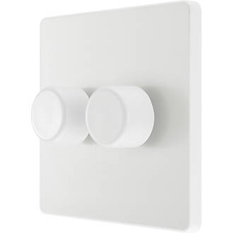 Image of British General Evolve 2-Gang 2-Way LED Trailing Edge Double Push Dimmer with Rotary Control Pearlescent White with White Inserts 