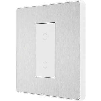 Image of British General Evolve 1-Gang 2-Way LED Single Master Trailing Edge Touch Dimmer Switch Brushed Steel with White Inserts 