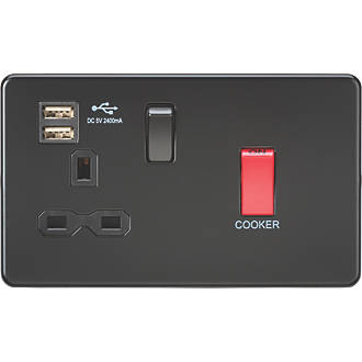 Image of Knightsbridge 45 & 13A 1-Gang DP Cooker Switch & 13A DP Switched Socket + 2.4A 2-Outlet Type A USB Charger Matt Black with Black Inserts 