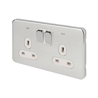 Image of Schneider Electric Lisse Deco 13A 2-Gang DP Switched Plug Socket Polished Chrome with LED with White Inserts 