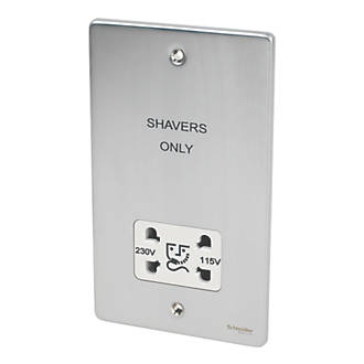 Image of Schneider Electric Ultimate Low Profile 2-Gang Dual Voltage Shaver Socket 115 / 230V Brushed Chrome with White Inserts 