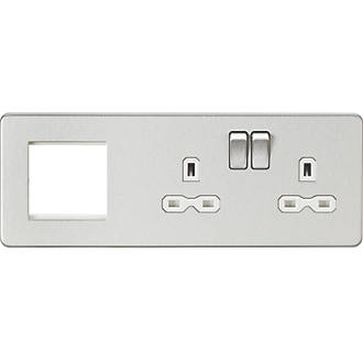 Image of Knightsbridge 13A 2-Gang DP Combination Plate Brushed Chrome with White Inserts 