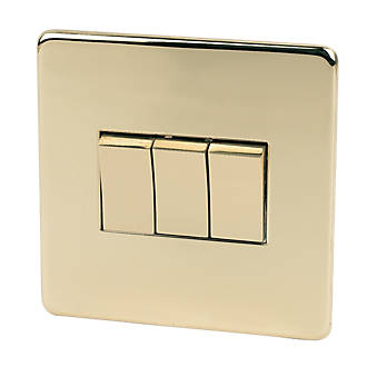 Image of Crabtree Platinum 10AX 3-Gang 2-Way Light Switch Polished Brass 