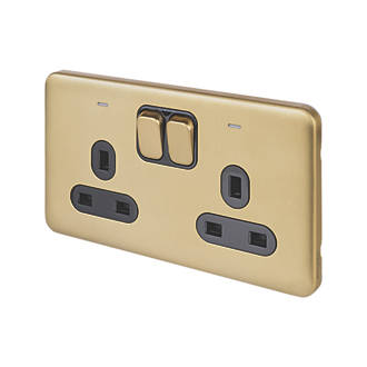Image of Schneider Electric Lisse Deco 13A 2-Gang DP Switched Plug Socket Satin Brass with LED with Black Inserts 