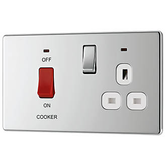 Image of LAP 45A 2-Gang DP Cooker Switch & 13A DP Switched Socket Polished Chrome with LED with White Inserts 
