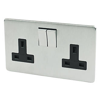 Image of Crabtree Platinum 13A 2-Gang DP Switched Plug Socket Satin Chrome with Black Inserts 