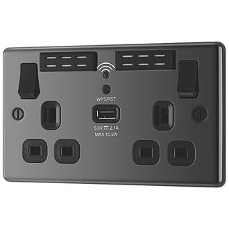 Image of LAP 13A 2-Gang SP Switched Wi-Fi Extender Socket + 2.1A 1-Outlet Type A USB Charger Black Nickel with Black Inserts 