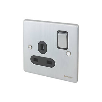 Image of Schneider Electric Ultimate Low Profile 13A 1-Gang SP Switched Plug Socket Brushed Chrome with Black Inserts 
