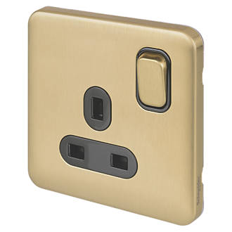 Image of Schneider Electric Lisse Deco 13A 1-Gang SP Switched Plug Socket Satin Brass with Black Inserts 