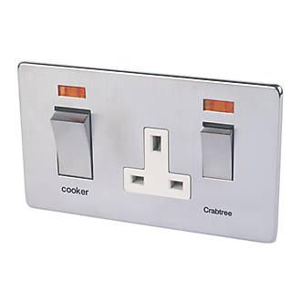 Image of Crabtree Platinum 45 A & 13A 2-Gang DP Cooker Switch & 13A DP Switched Socket Satin Chrome with Neon with White Inserts 