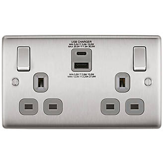 Image of British General Nexus Metal 13A 2-Gang SP Switched Socket + 3A 2-Outlet Type A & C USB Charger Brushed Steel with Graphite Inserts 