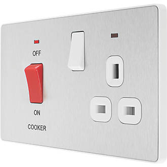 Image of British General Evolve 45A 2-Gang 2-Pole Cooker Switch & 13A DP Switched Socket Brushed Steel with LED with White Inserts 